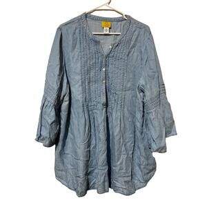 Ruby Rd. Woman Shirt Womens 1X 1/2 Sleeve Light Blue Ruffled Jean‎ Top